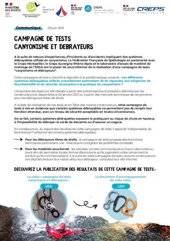 Communiqué du 28/06/2021 : Campagne de tests canyonisme et débrayeurs